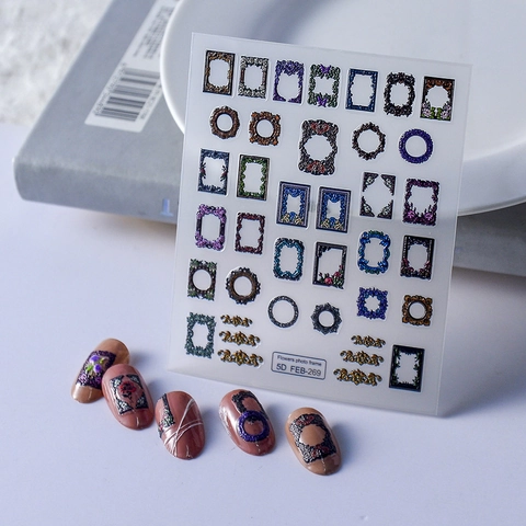Pegatinas De Uñas 5D Relieve Marco De Fotos Retro Calcomanías Flores Estilo Barroco Autoadhesivo Decoración Manicura