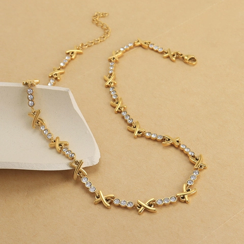 Collana Bracciale in Acciaio Inossidabile a Forma di X con Strass Lusso Francese per Donna Oro Colore Acciaio Gioielli Geometrici
