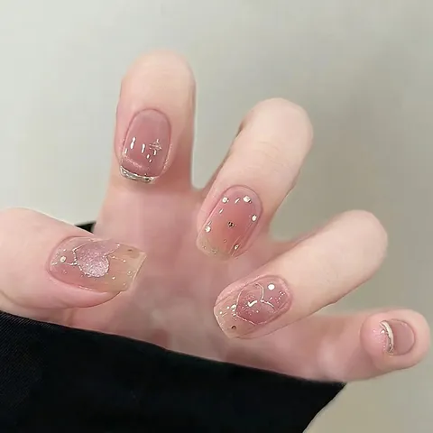 Cat Eye Press On Nails ABS Kunststoff Abnehmbar Französischer Stil Nude Rosa Herz Punkt Kurz Quadratisch Falsche Nägel