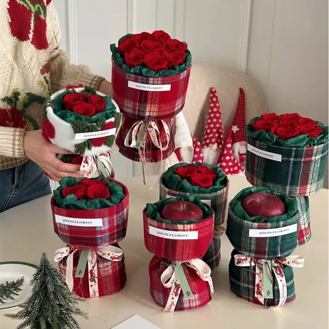 Christmas Gift Wrapping Materials British Plaid Fabric Sherpa Velvet For Apple Flower Bouquet DIY Decoration Holiday