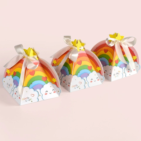Regenbogen Bonbons Geschenkschachtel Karton Faltbar Pyramide Mit Schleife Cartoon Wolke Stern Für Geburtstag Party