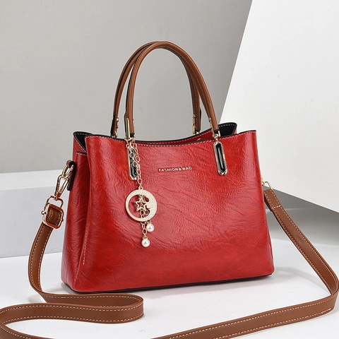 Elegant Women PU Leather Handbag Shoulder Bag Large Capacity Contrast Color With Star Moon Artificial Pearl Pendant Detachable Strap