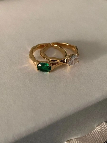 925 Sterling Silver Adjustable Open Ring 18K Gold Plated Irregular Texture Oval Rhinestone Gemstone Ring For Women Jewelry