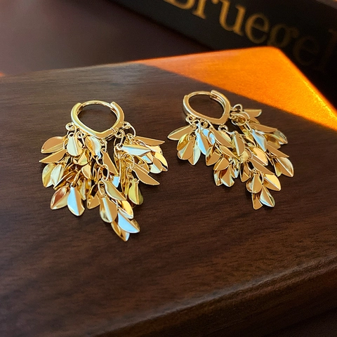 Leaf Tassel Huggie Earrings With Silver Earring Post Copper Metal Wheat Ear Shaped Dangle Jewelry For Women Elegant