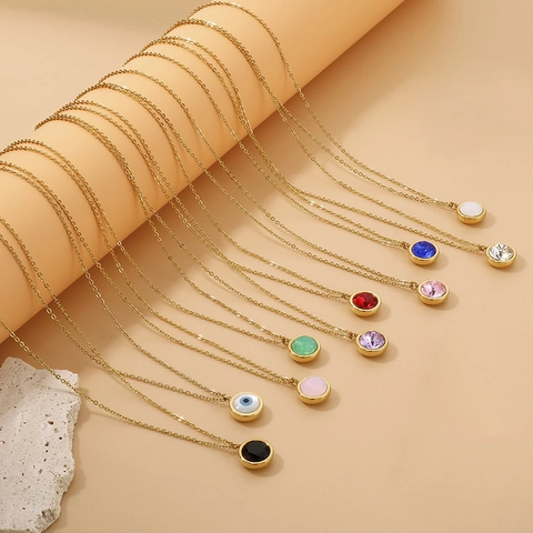 Round Pendant Necklace Stainless Steel 18K Gold Plated Evil Eye Shell Colorful Crystal Stone Jewelry For Women Sweet