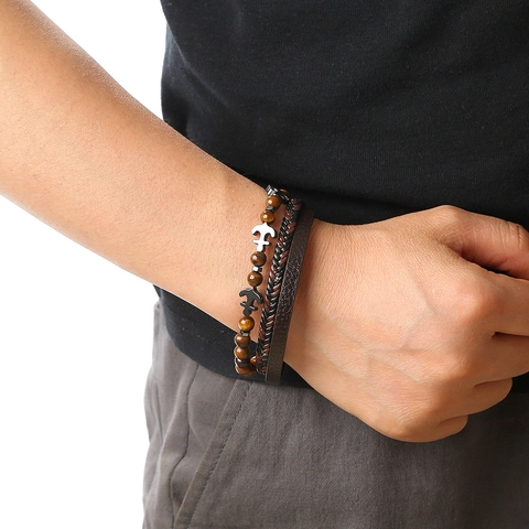 Men Multi Layer Bracelet Natural Stone Tiger Eye Lava Rock Braided Leather Stainless Steel Magnetic Clasp Anchor Charm