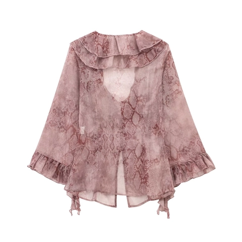 Chiffon Blouse Met Slangenprint Dames Ruches V-Hals Strikje Lange Mouwen Dierenpatroon Mode Elegante Tops