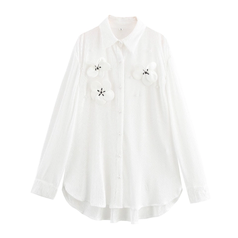 Blusa Texturizada Para Mujer Con Apliques De Flores 3D Botones De Perlas Artificiales Camisa Elegante De Manga Larga