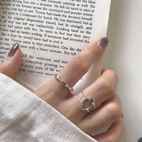 925 Sterling Silver Geometric Chain Adjustable Open Ring Minimalist Trendy Jewelry For Women