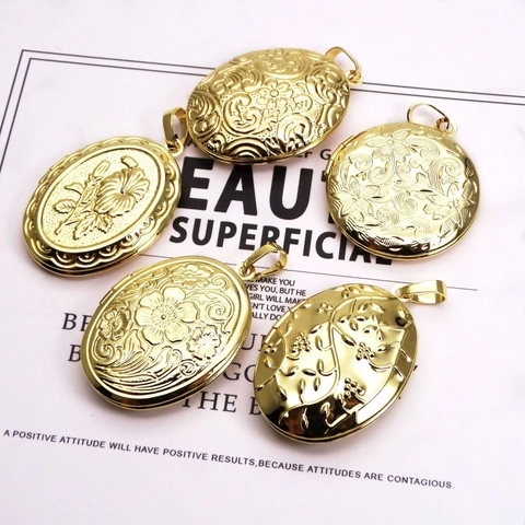 Vintage Flower Embossed Openable Locket Pendant Copper Gold Plated Photo Box Charm For Jewelry Making DIY Commemorative