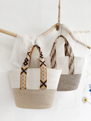 Handmade Woven Cotton Rope Tote Bag Large Capacity Bohemian Beach Shoulder Bag With Patterned Webbing Straps