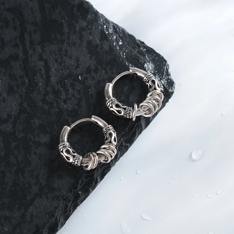 Orecchini A Cerchio Vintage Da Uomo In Rame Stile Argento Antico Motivo Geometrico Inciso Punk Hip Hop