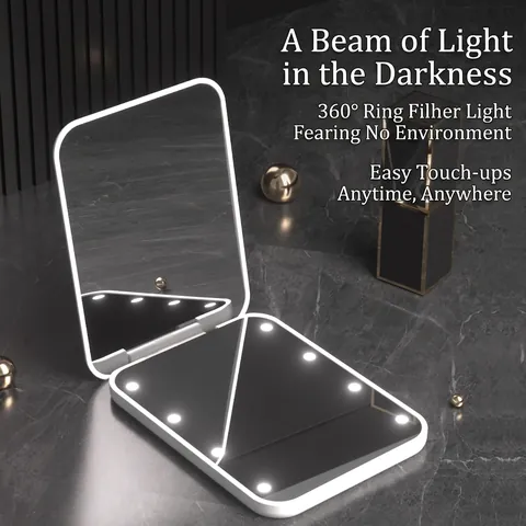 LED Makeup Mirror Portable Foldable Pocket Square Magnifying Compact Lighted Vanity Mirror For Travel