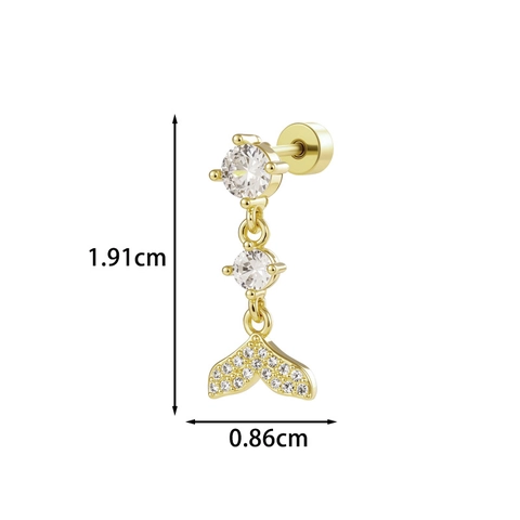 Vintage Mermaid Fish Tail Ear Cartilage Stud Earrings Zircon Titanium Steel Copper Screw Back Piercing Jewelry Women