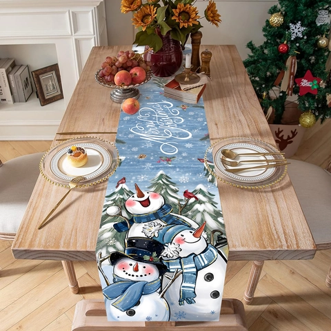 Camino De Mesa Navideño Poliéster Muñecos De Nieve Copos Feliz Navidad Decoración Para Comedor Fiesta Restaurante Invierno