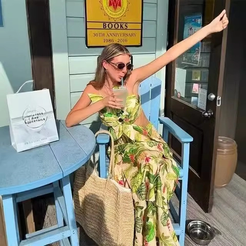 Vestito Midi Con Stampa Tropicale Tessuto Traforato Spalline Sottili Gonna A Balze Vita Alta Vacanze Estive Per Donne