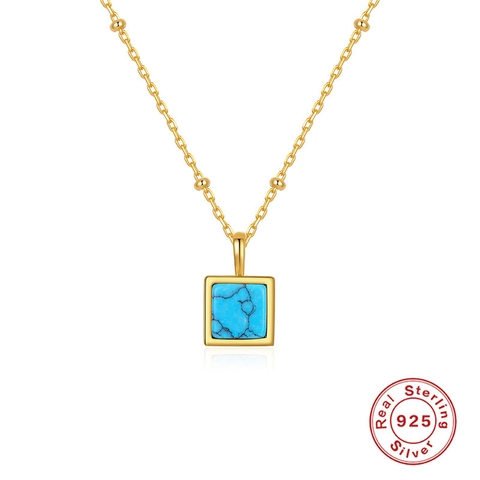 925 Sterling Silber Quadratischer Anhänger Halskette Vergoldet Mit Naturstein Agate Türkis Malachit Elegante Damen Schmuck