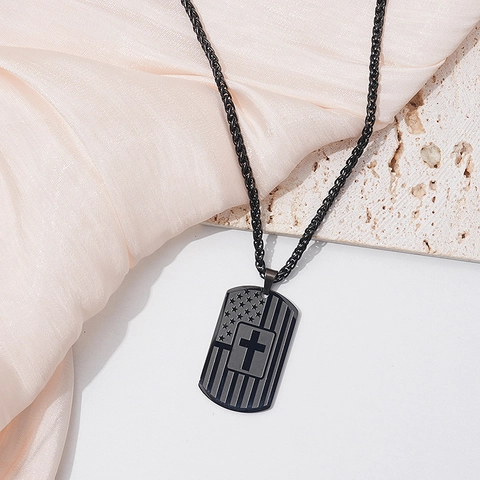 Collar Con Colgante De Cruz De Bandera De EE UU De Acero Inoxidable Placa Militar Versículo Bíblico Joshua 1 9 Joyas Para Hombre