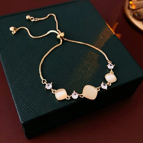 Zircon Rhombus Adjustable Bracelet With Synthetic Cat's Eye Stone Copper Gold Plated Geometric Jewelry For Women