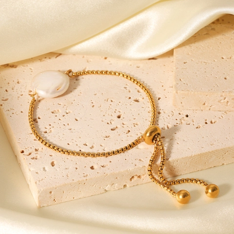 Bracciale Con Perle D Acqua Dolce Acciaio Inossidabile Placcato Oro Regolabile Catena A Scatola Gioielli Eleganti Da Donna
