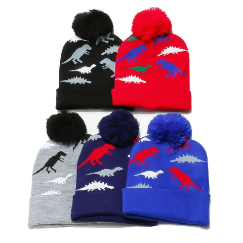 Kids Dinosaur Knit Beanie Hat Acrylic Warm Winter Pom Pom Jacquard Pattern For Boys Girls