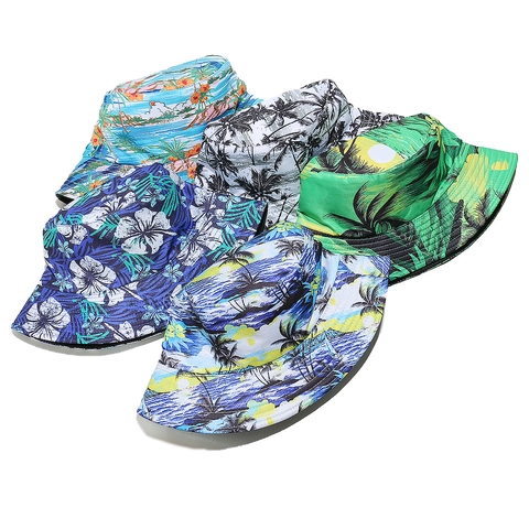Bucket Hat Polyester Sun Protection Tropical Hawaiian Palm Tree Print Summer Beach Vacation Portable Adult