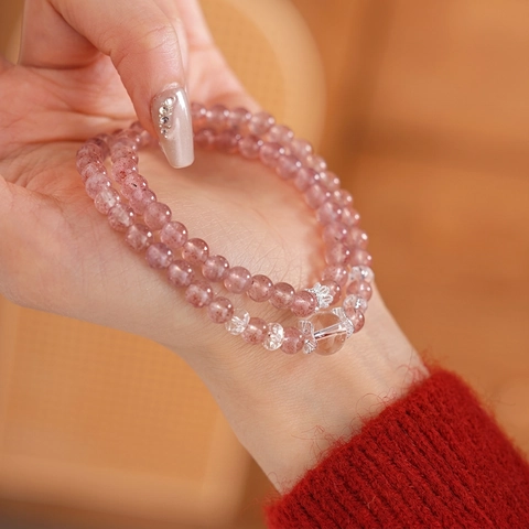 Strawberry Crystal Beaded Bracelet Double Layer Copper Zircon Bow Crown Charms Elegant Fashion Jewelry For Women Gift