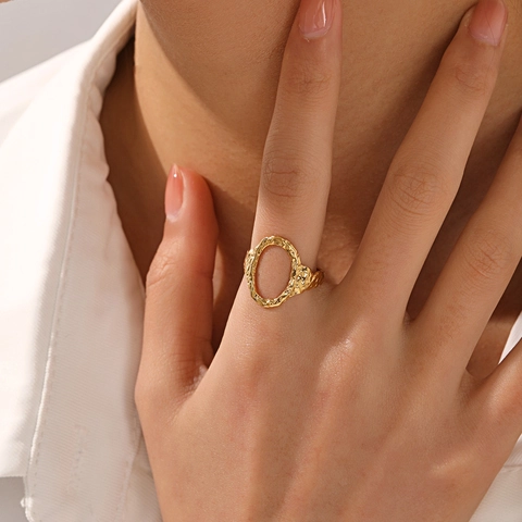 Minimalist Hollow Oval Ring For Women Stainless Steel Hammered Texture Open Adjustable Geometric Vintage Gold Plated Jewelry