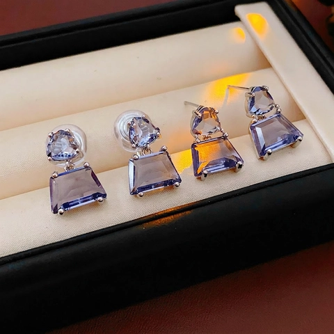 Orecchini Geometrici In Zircone Viola Con Perno In Argento Triangolo Trapezio Clip Per Orecchie Da Donna Chic Minimalista