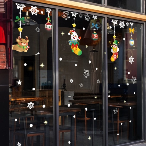 Christmas Window Static Stickers PVC Double Sided Santa Claus Snowman Reindeer Snowflake Decals Glass Display Holiday Decor