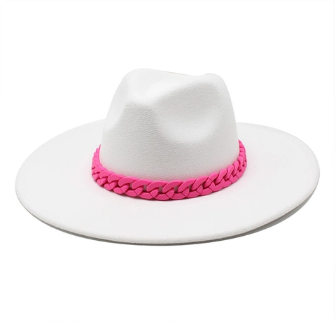 Fedora Hut Wollfilz Breite Krempe Dicke Rosa Plastikkette Dekoration Vintage Mode Jazz Kappe Für Damen Herren