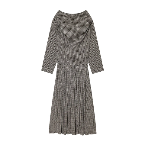 Elegante Maxi Jurk Met Houndstooth Patroon Lange Mouwen V Hals Hoge Taille Geplooid Met Riem Polyester Vintage Stijl