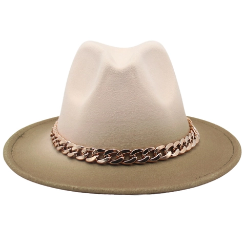 Cappello Fedora In Feltro Di Cotone Poliestere Bicolore Sfumato Con Decorazione A Catena In Metallo Tesa Larga Jazz