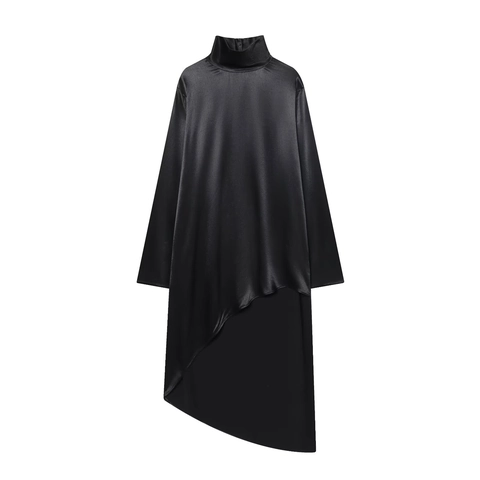 Elegant High Neck Long Sleeve Asymmetric Midi Dress Satin Glossy Tiered Hem Minimalist Solid Black Women