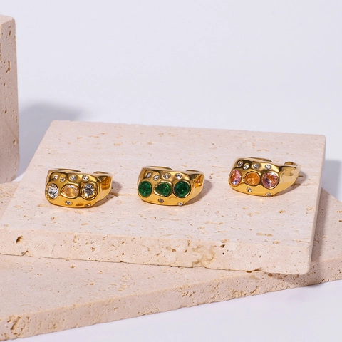 Retro Chunky Ring Stainless Steel 18K Gold Plated With Colorful Zircon Open Adjustable Lava Texture Unisex Jewelry