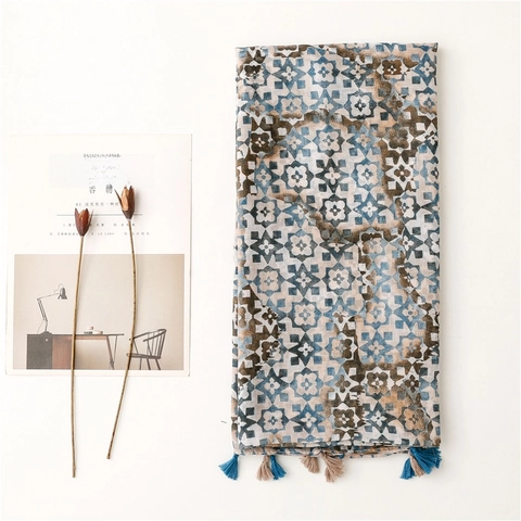 Geometric Floral Printed Long Scarf Retro Polyester Voile Shawl With Tassels For Women Thin Sun Protection Bohemian Wrap