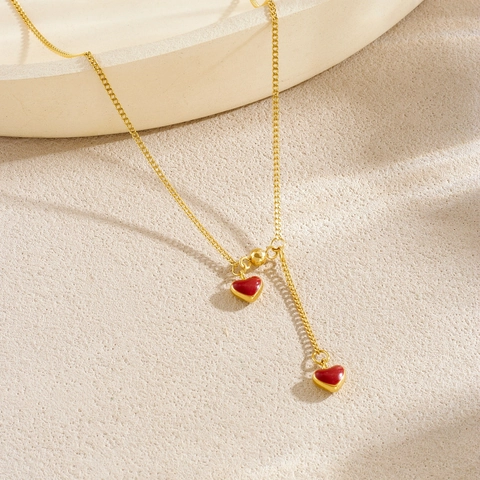 Collar Con Colgante De Corazón Acero Inoxidable Esmalte Rojo Lariat En Forma De Y Joyería Minimalista Para Mujeres