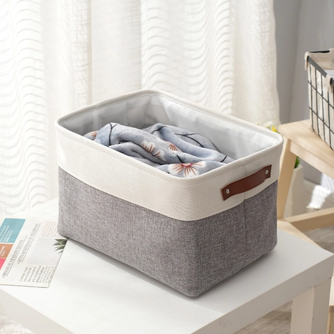 Cesto Portaoggetti In Cotone Lino Ispessito Manici In Pelle Pieghevole Bicolore Organizer Rettangolare Per Armadio Camera Da Letto