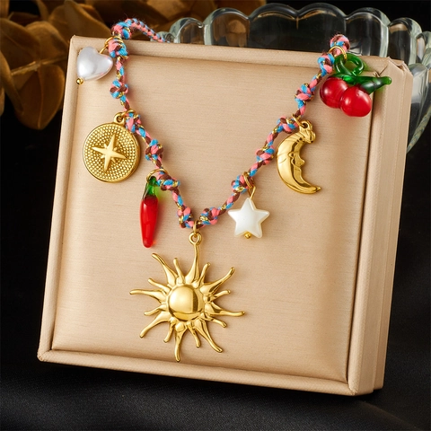 Collier Corde Tressée En Acier Inoxydable Plaqué Or Soleil Lune Étoile Cœur Piment Cerise Multi Pendentif Bijoux Bohèmes