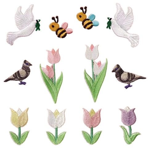 Patchs De Broderie Fil De Polyester Autocollants Thermocollants Abeille Oiseau Tulipe DIY Décoration Vêtements Étui Téléphone