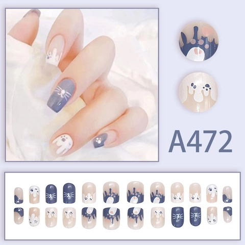 Press On Nails Short Square Round Shape Cute Cartoon Cat Theme Fresh Style False Nails With Artificial Pearl And Glue