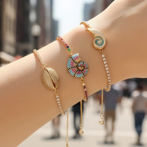 Women's Copper Conch Shell Bracelet With Multicolor Zirconia Inlaid Adjustable Drawstring Ocean Theme Gold Bracelet Jewelry