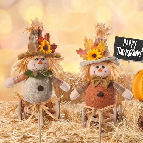 Decorazione Picchetti Spaventapasseri Raccolto Autunnale Tessuto Rafia Girasole Foglia Acero Happy Thanksgiving Giardino Esterno