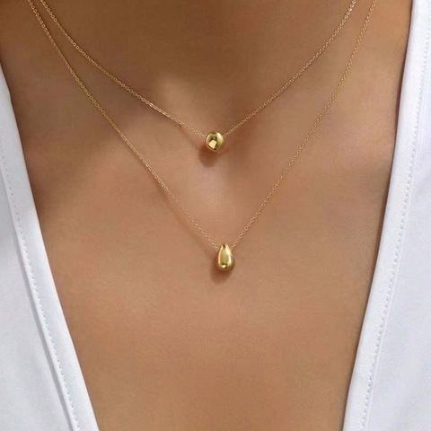 Collier Double Rang En Acier Inoxydable Avec Pendentifs Boule Et Goutte Bijoux Élégants Polis Minimalistes Pour Femmes