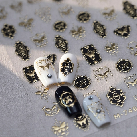 Adesivi Per Unghie Rilievo 3D Vintage Barocco Foglia D'oro Farfalla Modelli Cornice Autoadesivi Decorazione Manicure DIY