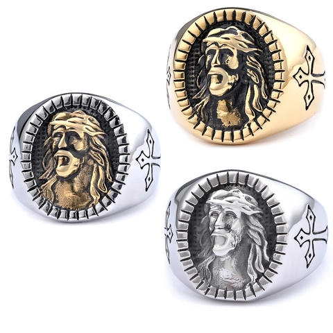Anello Rilievo Ritratto Gesù Cristo Vintage Acciaio Inossidabile 316L Ovale Religioso Cristiano Croce Gioielli Punk Uomo Donna