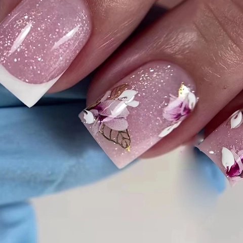 Square Press On Nails French Tip Glitter Floral Butterfly Pattern Medium Length Artificial False Nails Sweet Vintage Style