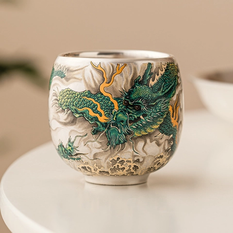 Tazza Da Tè In Ceramica Con Rilievo Drago Argentato Dorato Stile Cinese Vintage Porcellana Con Scatola Regalo Elegante