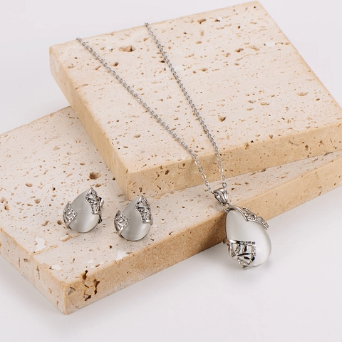 Juego De Joyas De Collar Y Pendientes De Gota Acero Inoxidable 304 Piedra Ojo De Gato Blanca Strass Vintage Elegante Mujer