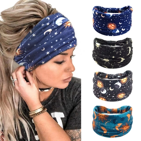 Breites Stirnband Elastischer Stoff Himmelsdruck Sonne Mond Stern Muster Boho Haarband Für Yoga Sport Täglich Frauen